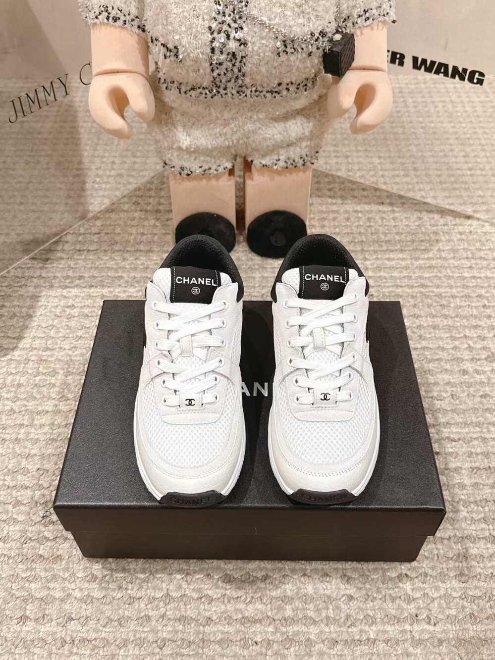Chanel White Black CC Logo Lace-up Sneakers